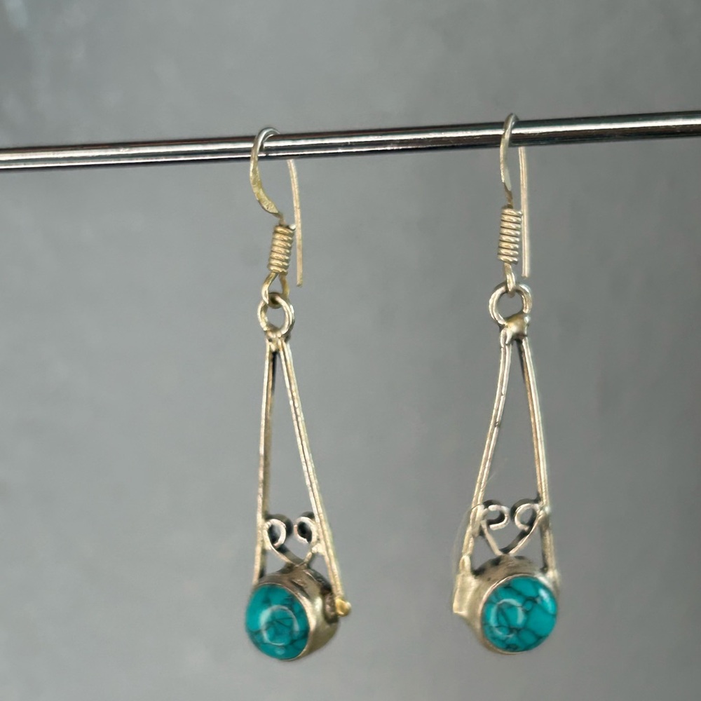 Turquoise Dainty Genuine Gemstone & 925 Sterling Silver Overlay Earrings